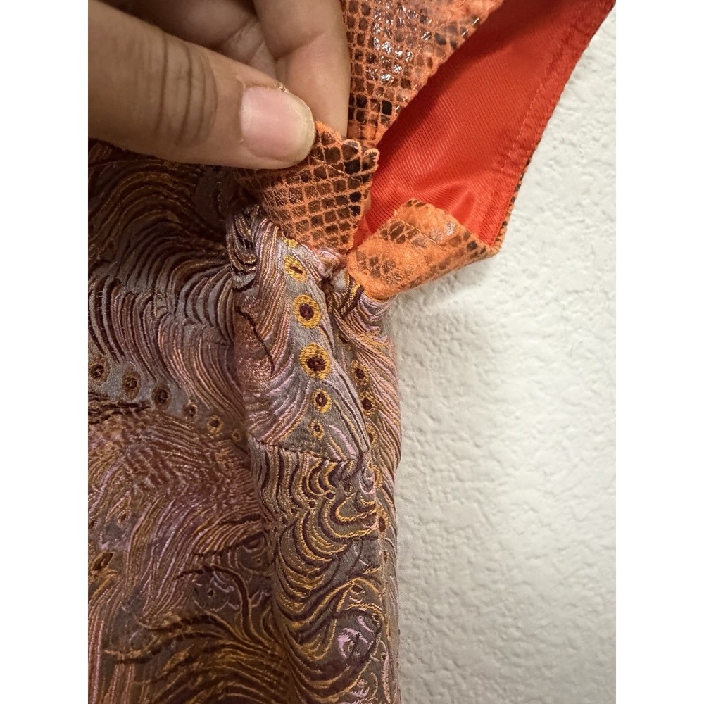 Kim Shui Metallic Peacock Jacquard Qipao Mini Dress Size 12 Orange Snakeskin - Picture 13 of 16